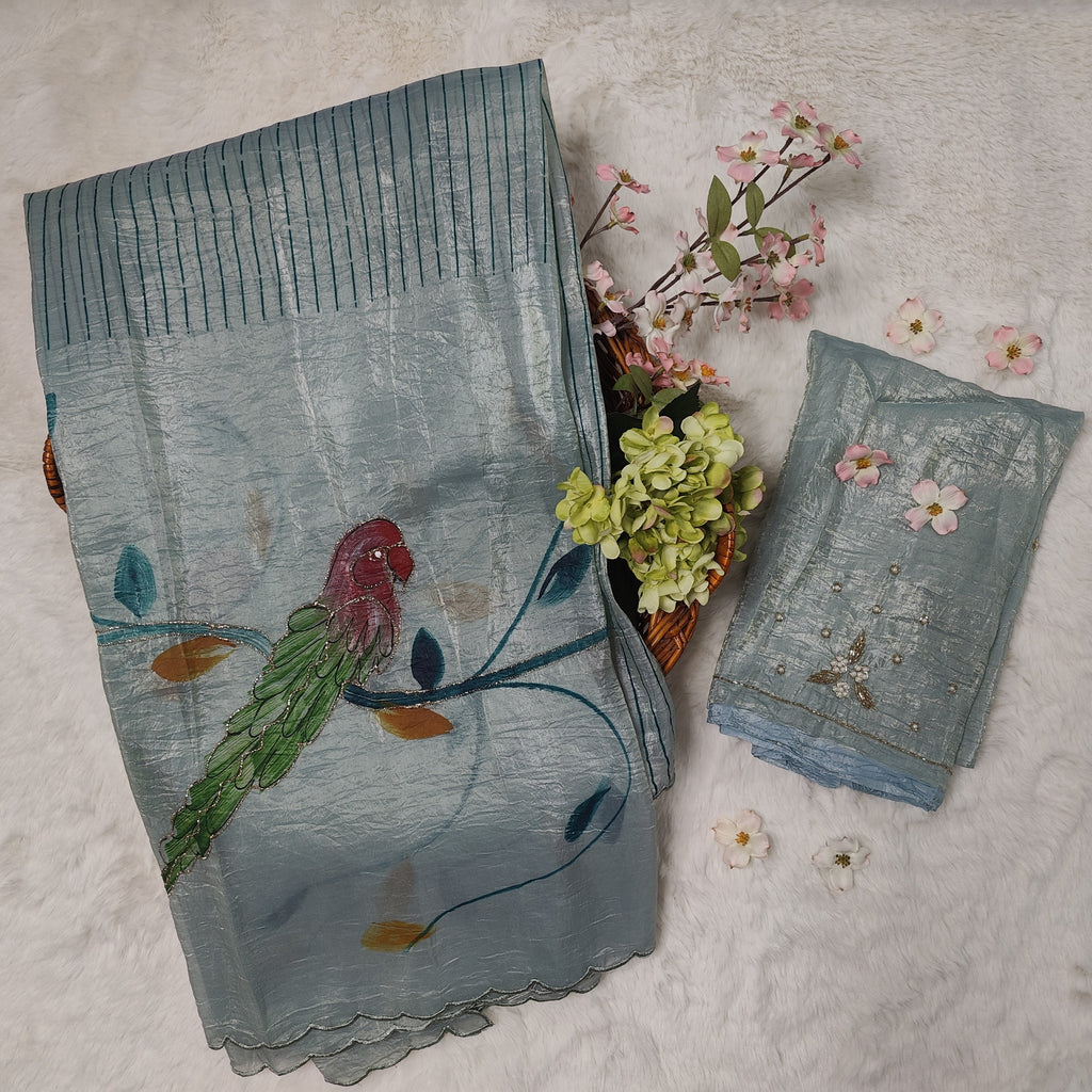 Dusty Blue Parrot Hand-Painted Textured Silk Saree