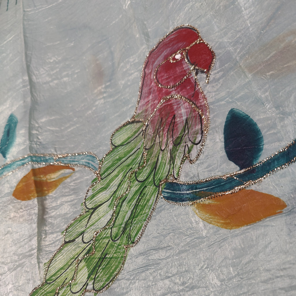 Dusty Blue Parrot Hand-Painted Textured Silk Saree