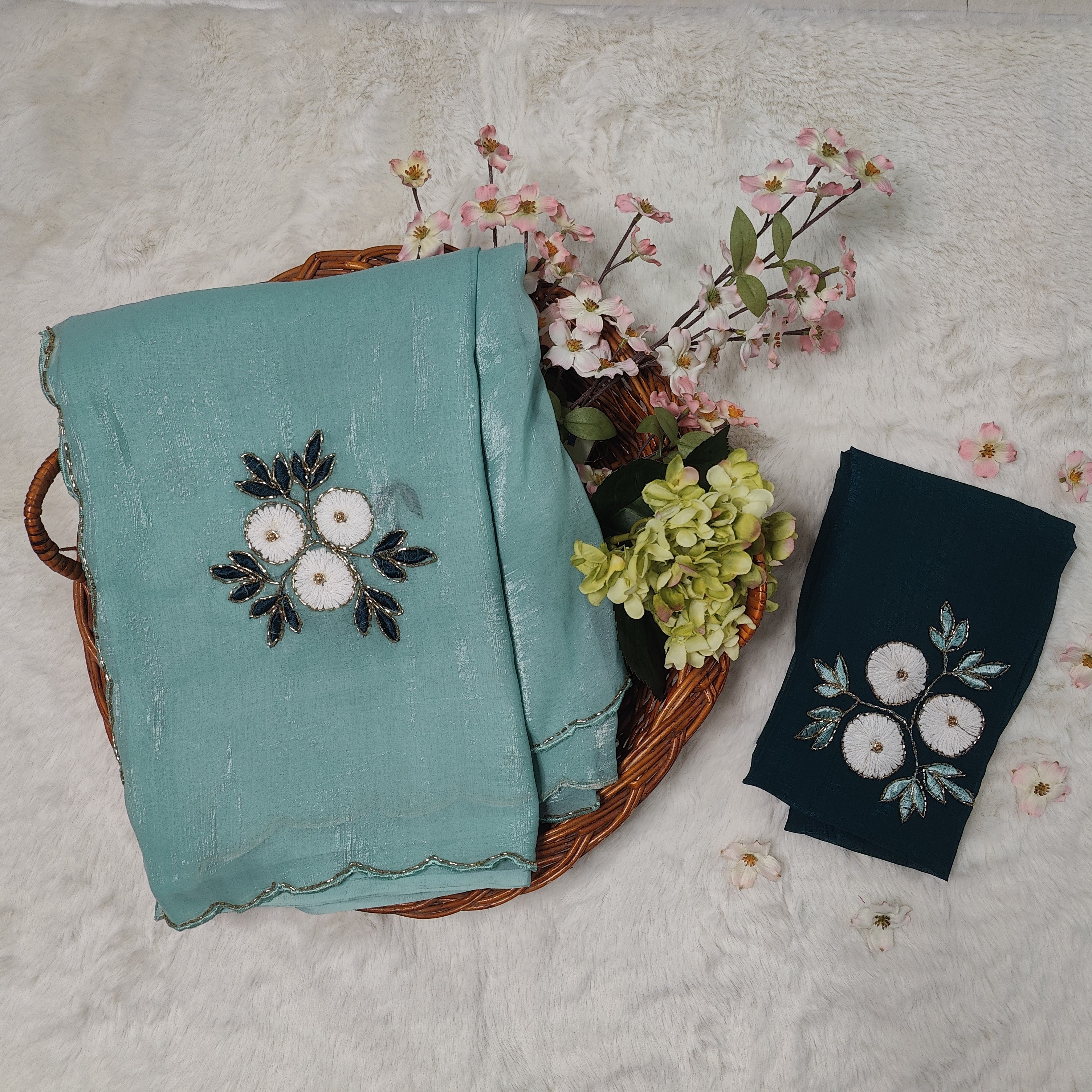 Blue Daisy Clusters Embroidered Silk Saree with Textured Finish