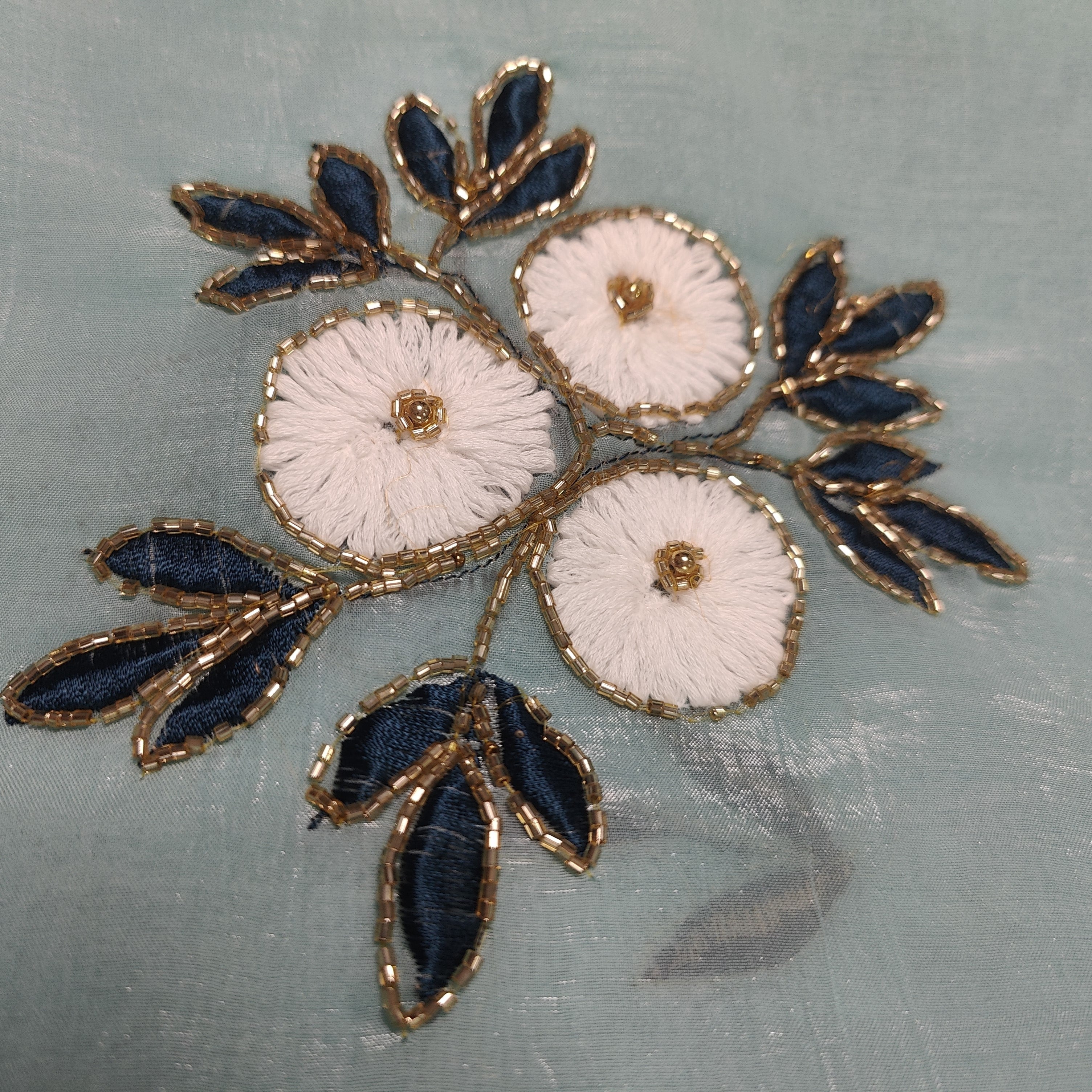 Blue Daisy Clusters Embroidered Silk Saree with Textured Finish