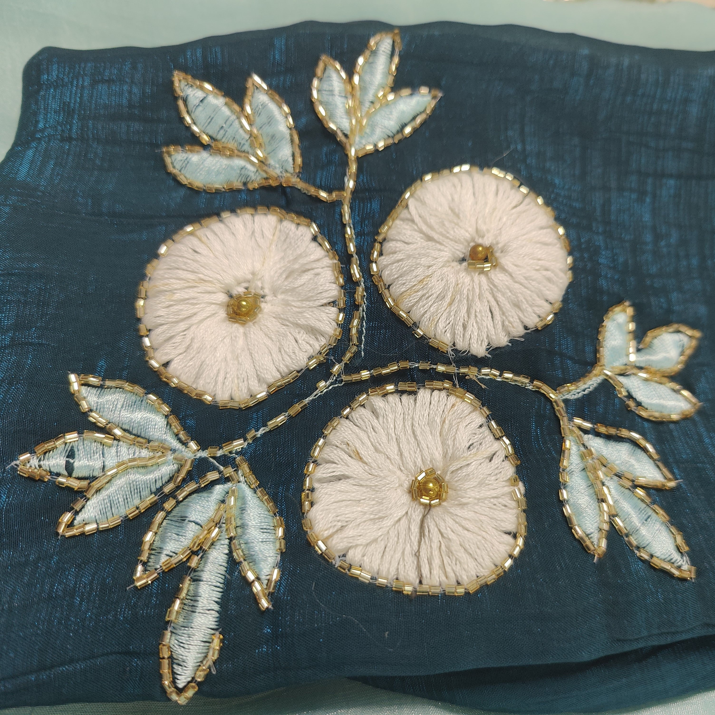 Blue Daisy Clusters Embroidered Silk Saree with Textured Finish