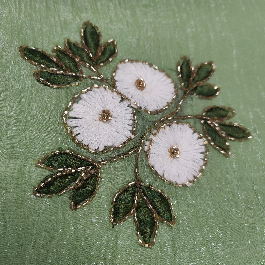 Green Daisy Clusters Embroidered Silk Saree with Textured Finish