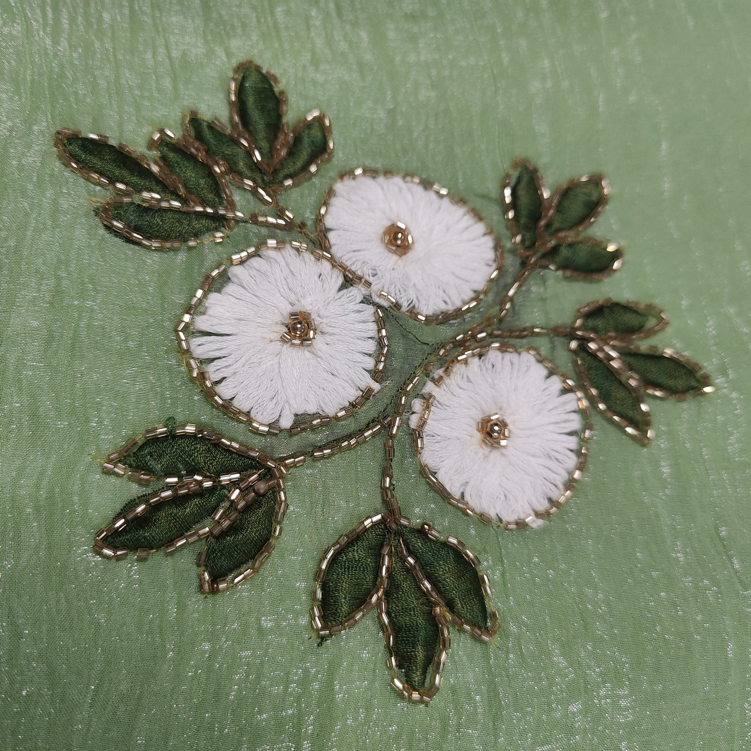 Green Daisy Clusters Embroidered Silk Saree with Textured Finish