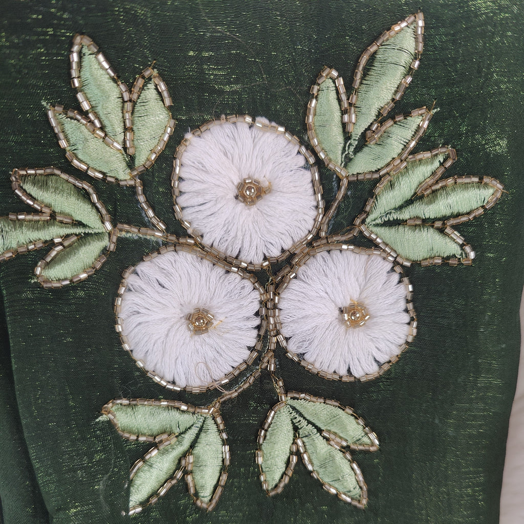 Green Daisy Clusters Embroidered Silk Saree with Textured Finish