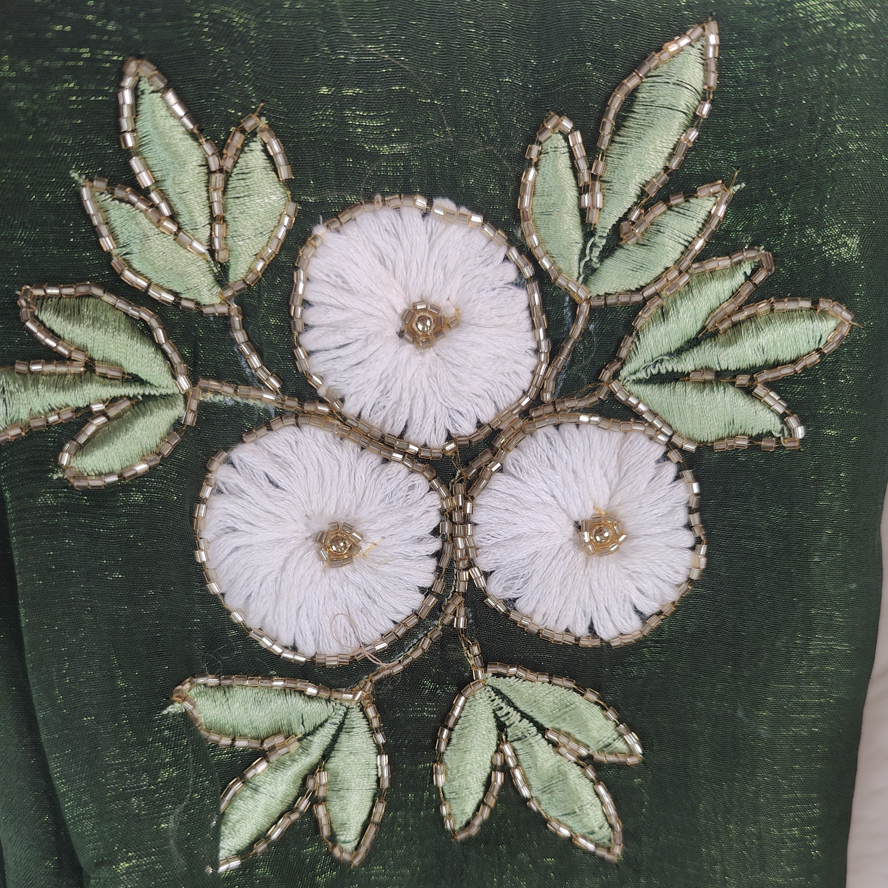 Green Daisy Clusters Embroidered Silk Saree with Textured Finish