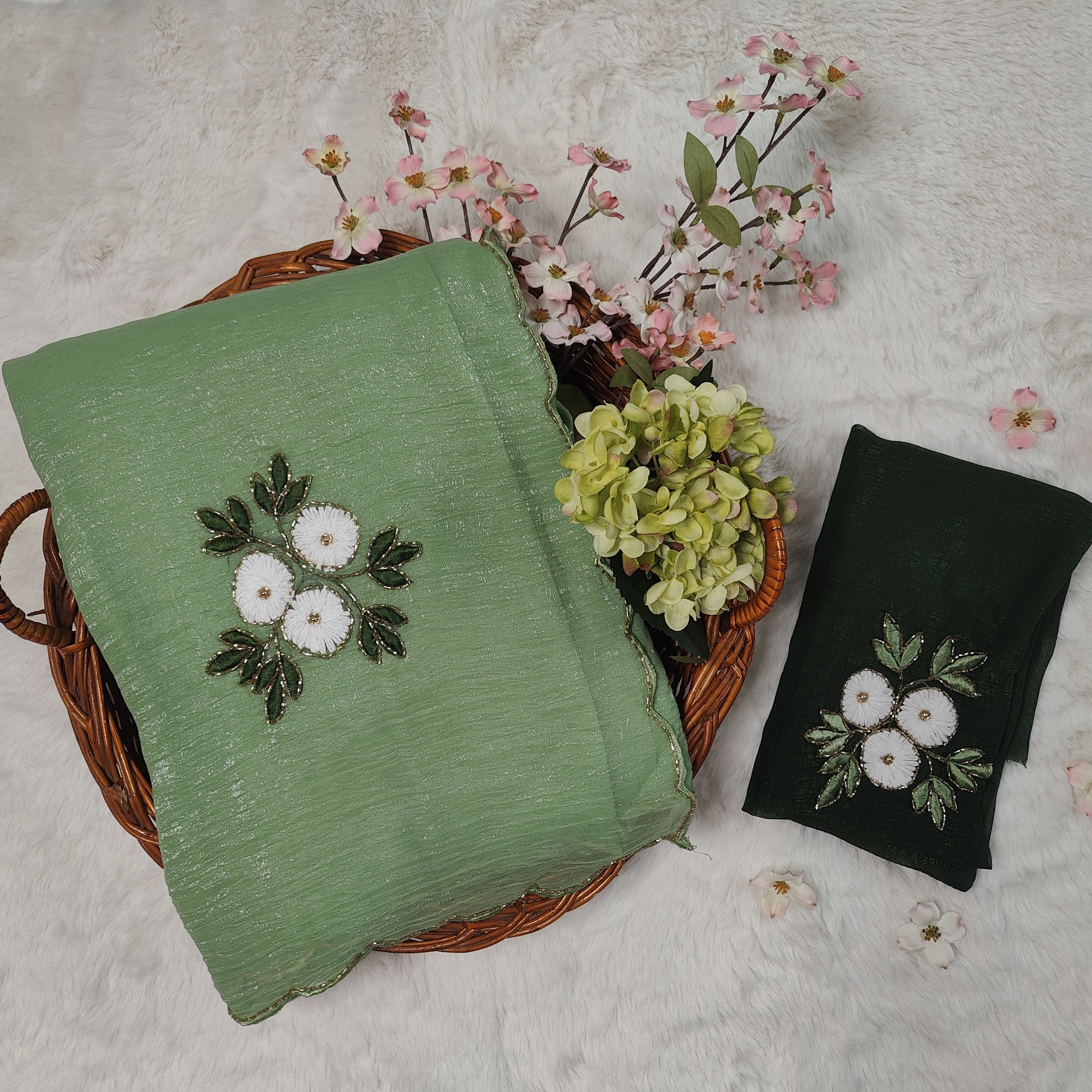 Green Daisy Clusters Embroidered Silk Saree with Textured Finish