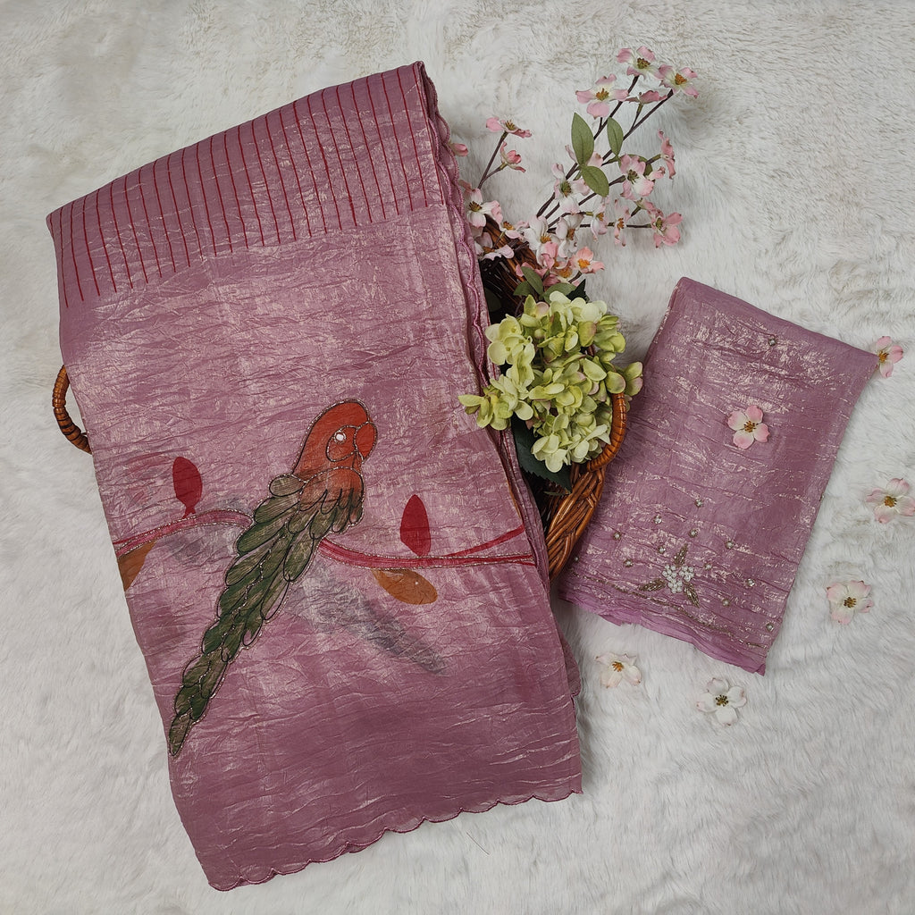 Dusty Pink Parrot Hand-Painted Textured Silk Saree