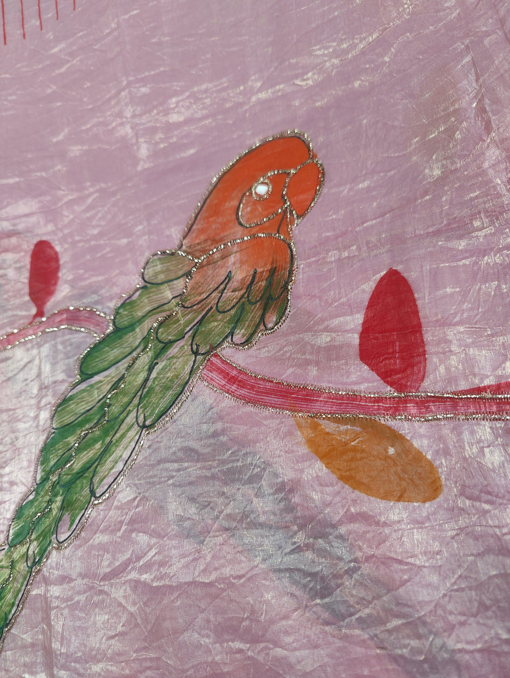 Dusty Pink Parrot Hand-Painted Textured Silk Saree