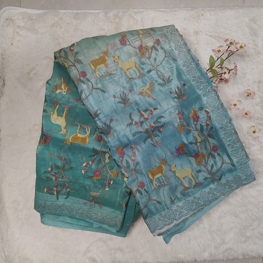 Blue Ombre Deer-Embroidered Organza Saree