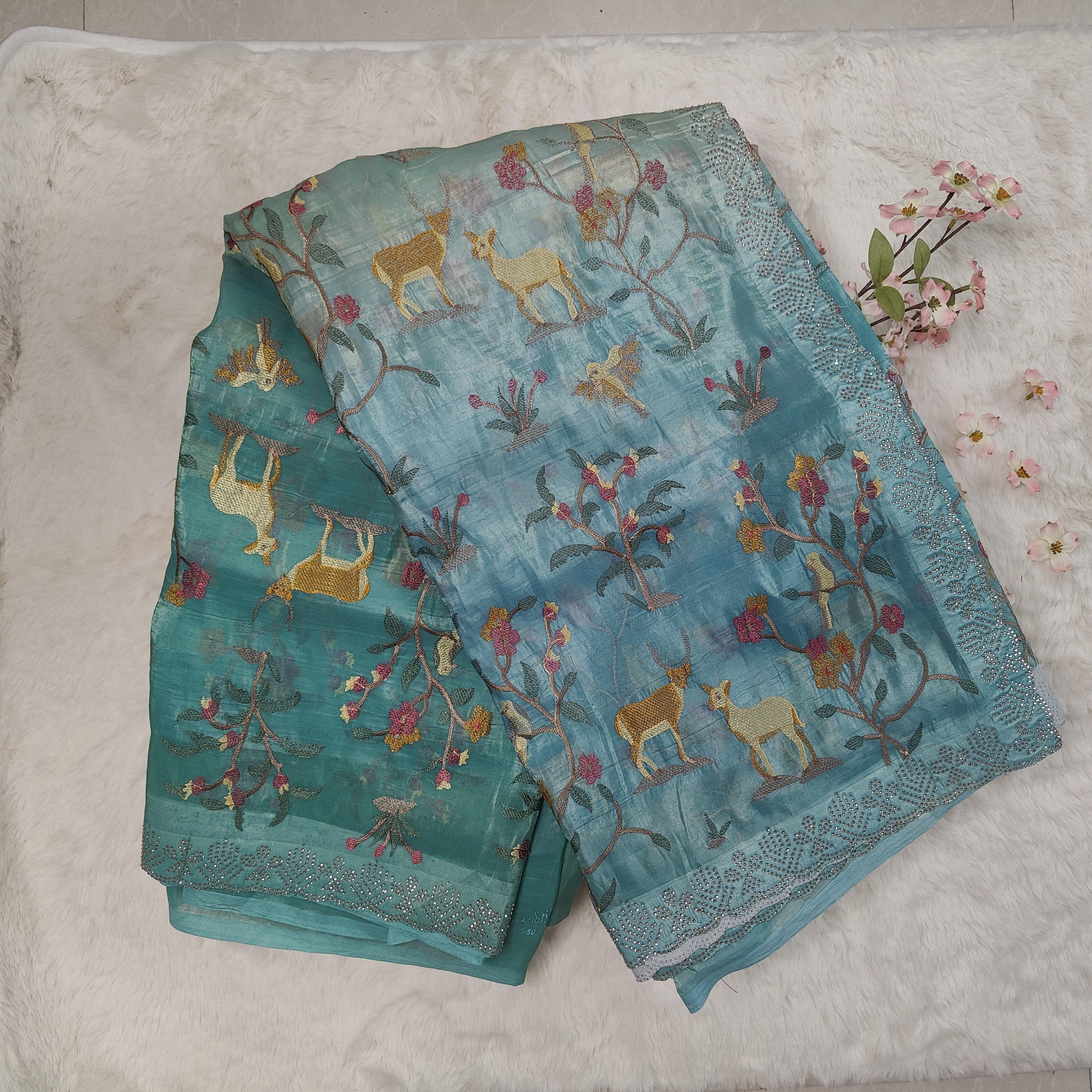 Blue Ombre Deer-Embroidered Organza Saree