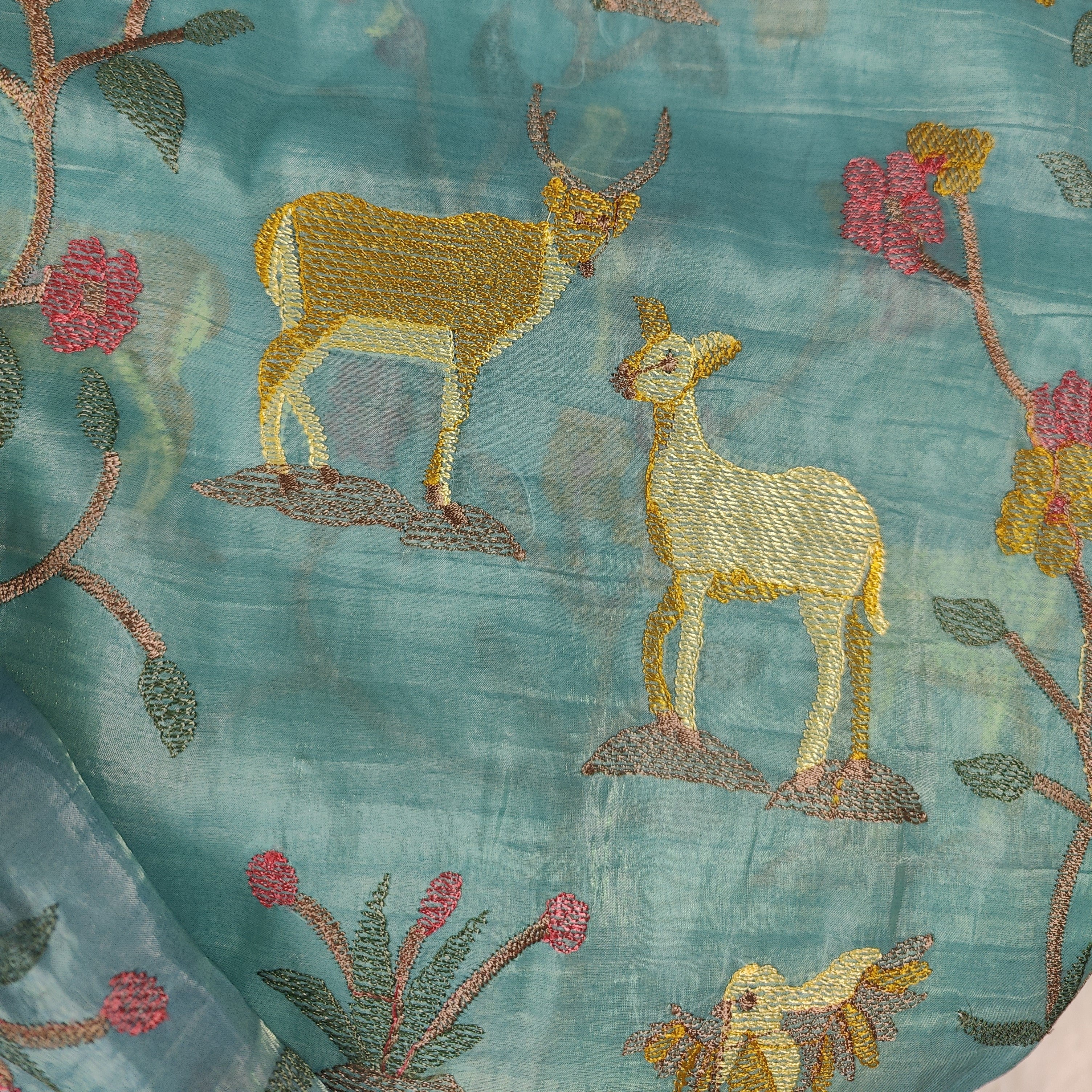 Blue Ombre Deer-Embroidered Organza Saree