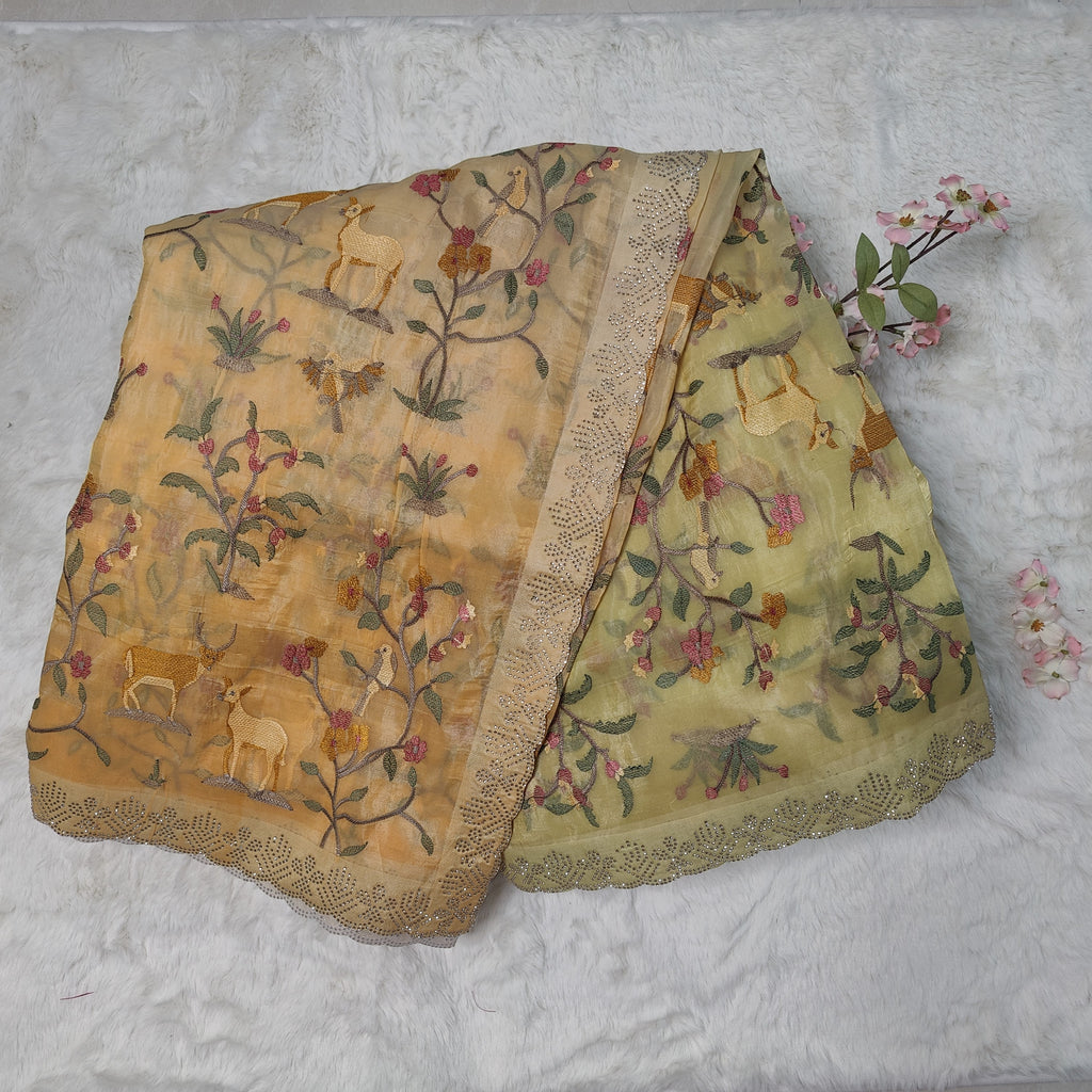 Lemon Yellow Ombre Deer-Embroidered Organza Saree