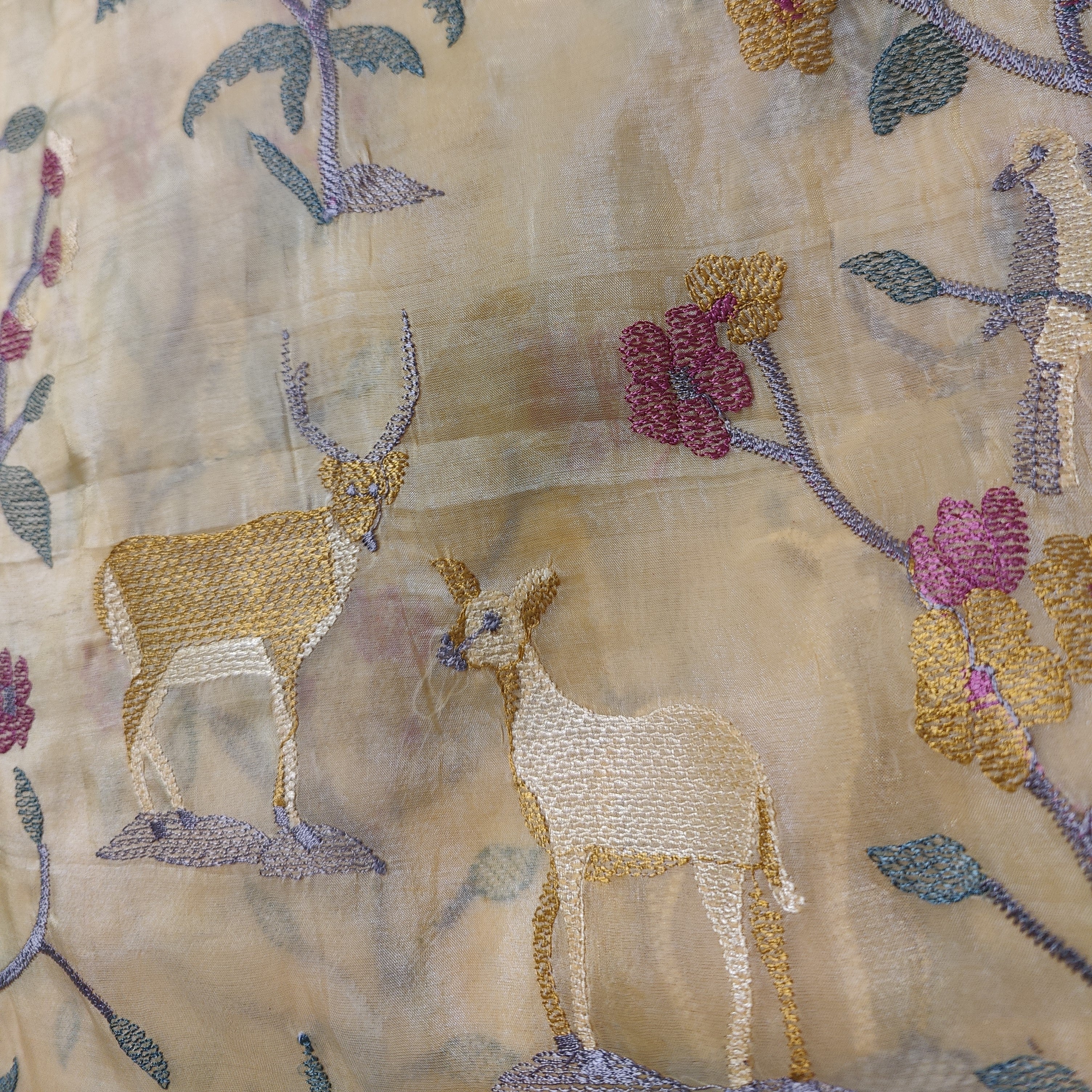 Lemon Yellow Ombre Deer-Embroidered Organza Saree