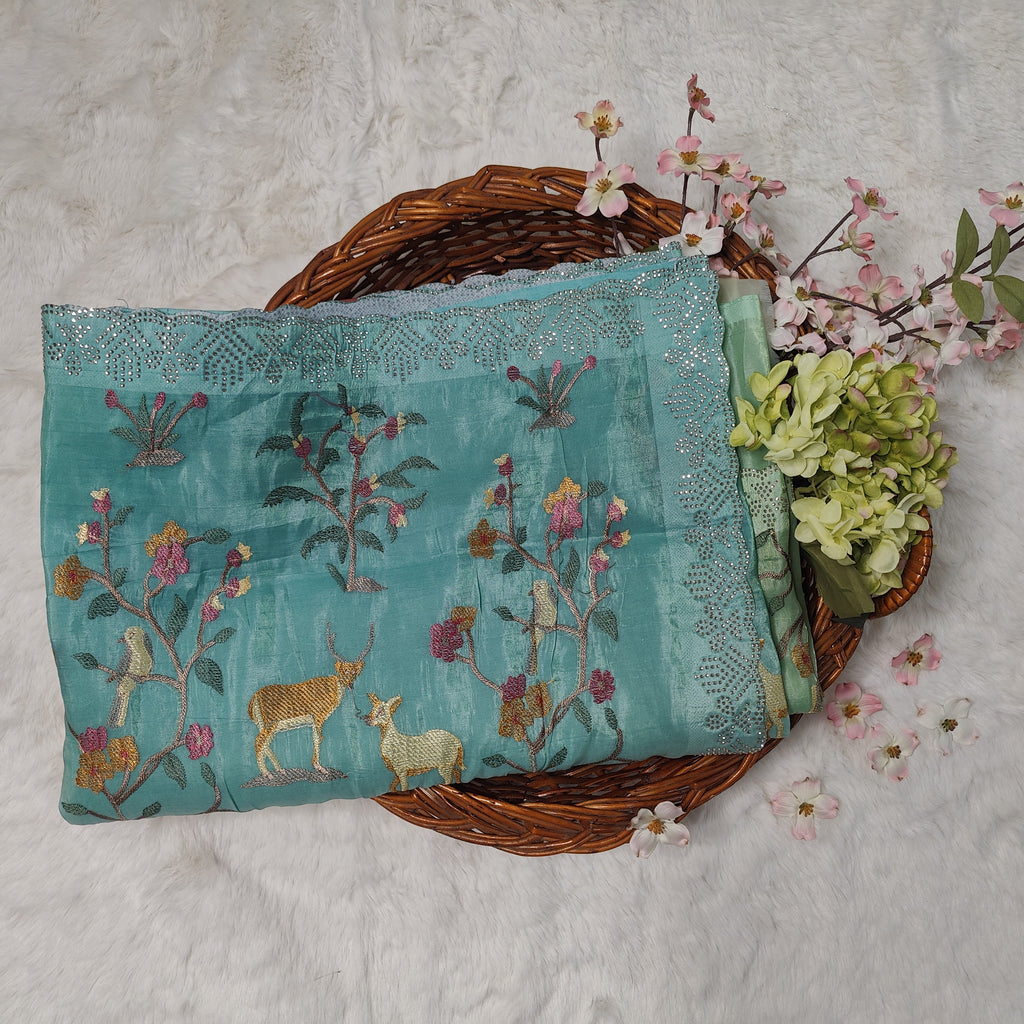 Blue & Green Ombre Deer-Embroidered Organza Saree