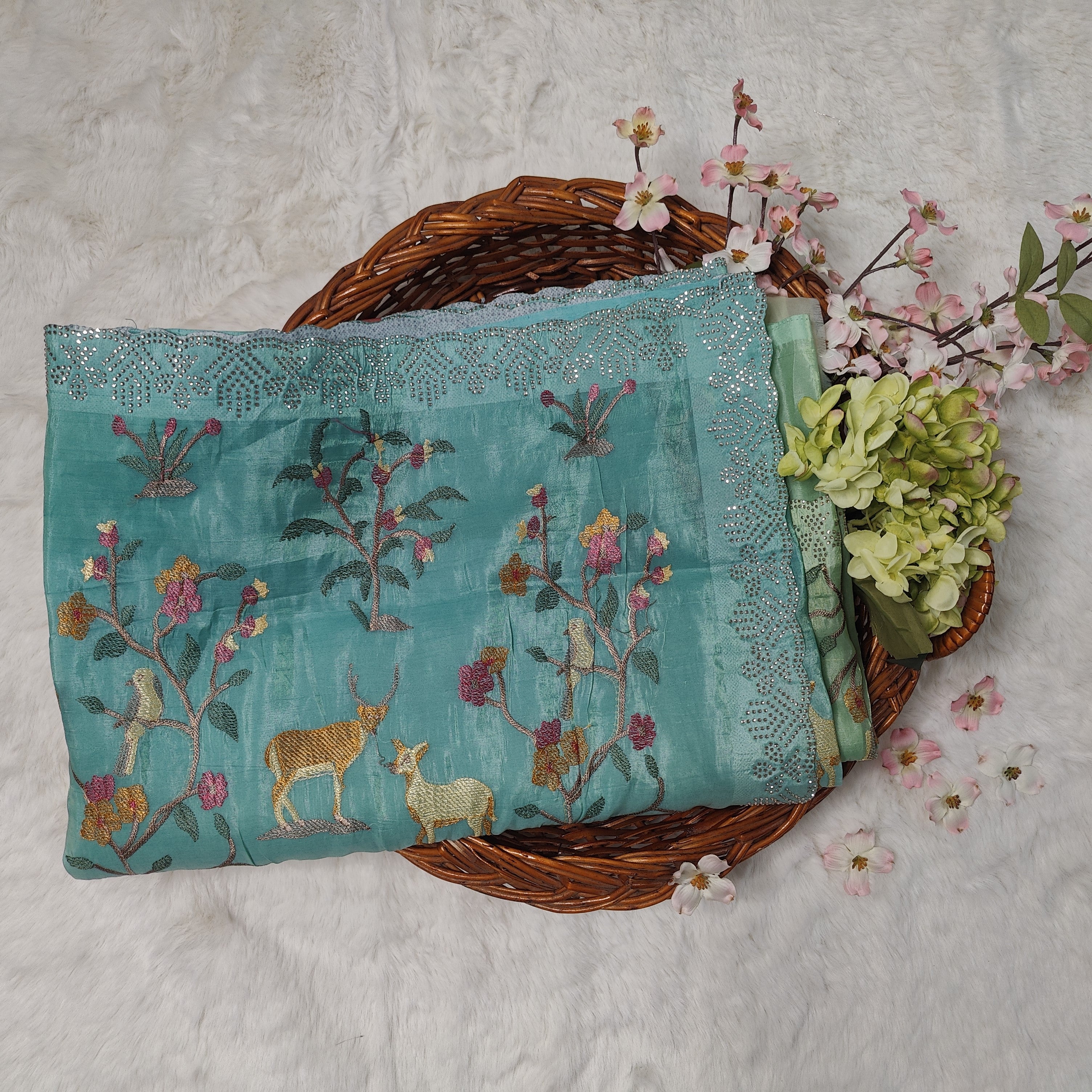 Blue & Green Ombre Deer-Embroidered Organza Saree