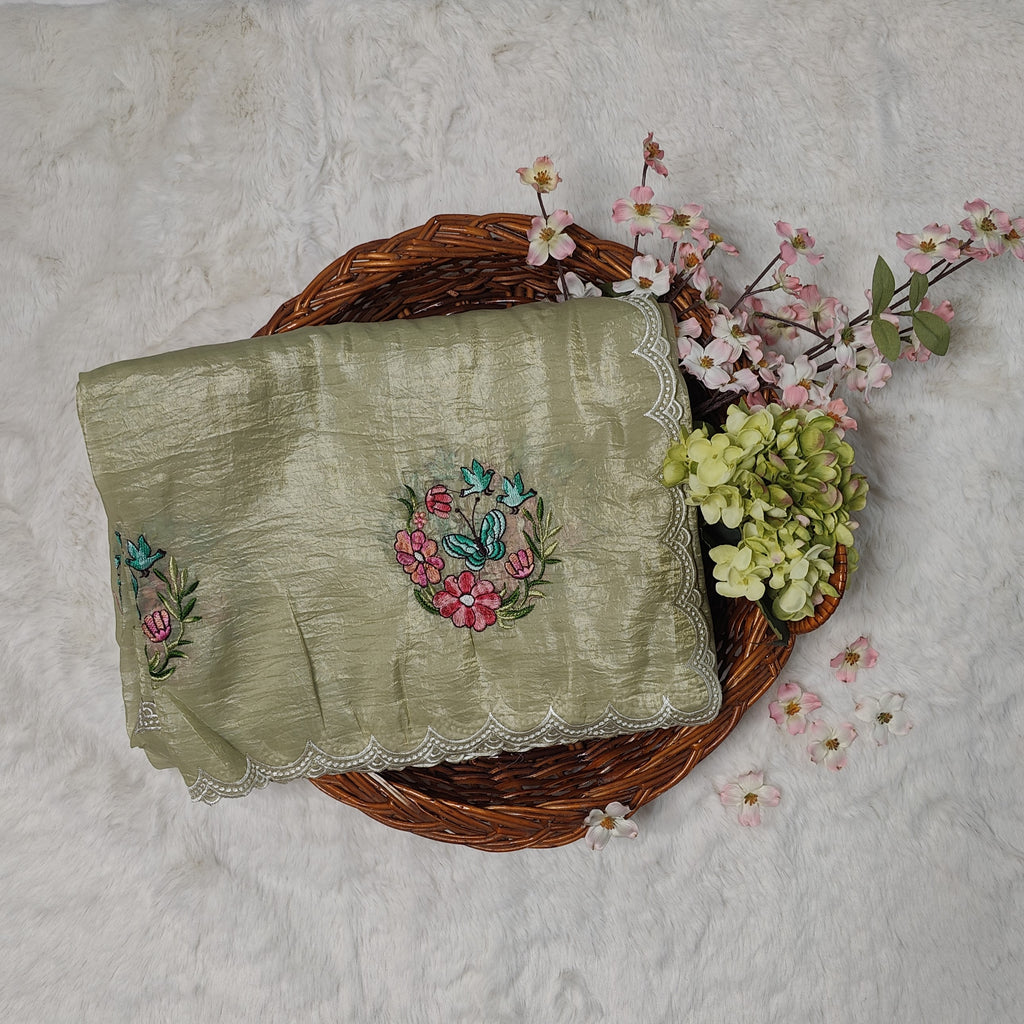 Green Butterfly Embroidered Crush Textured Silk Saree