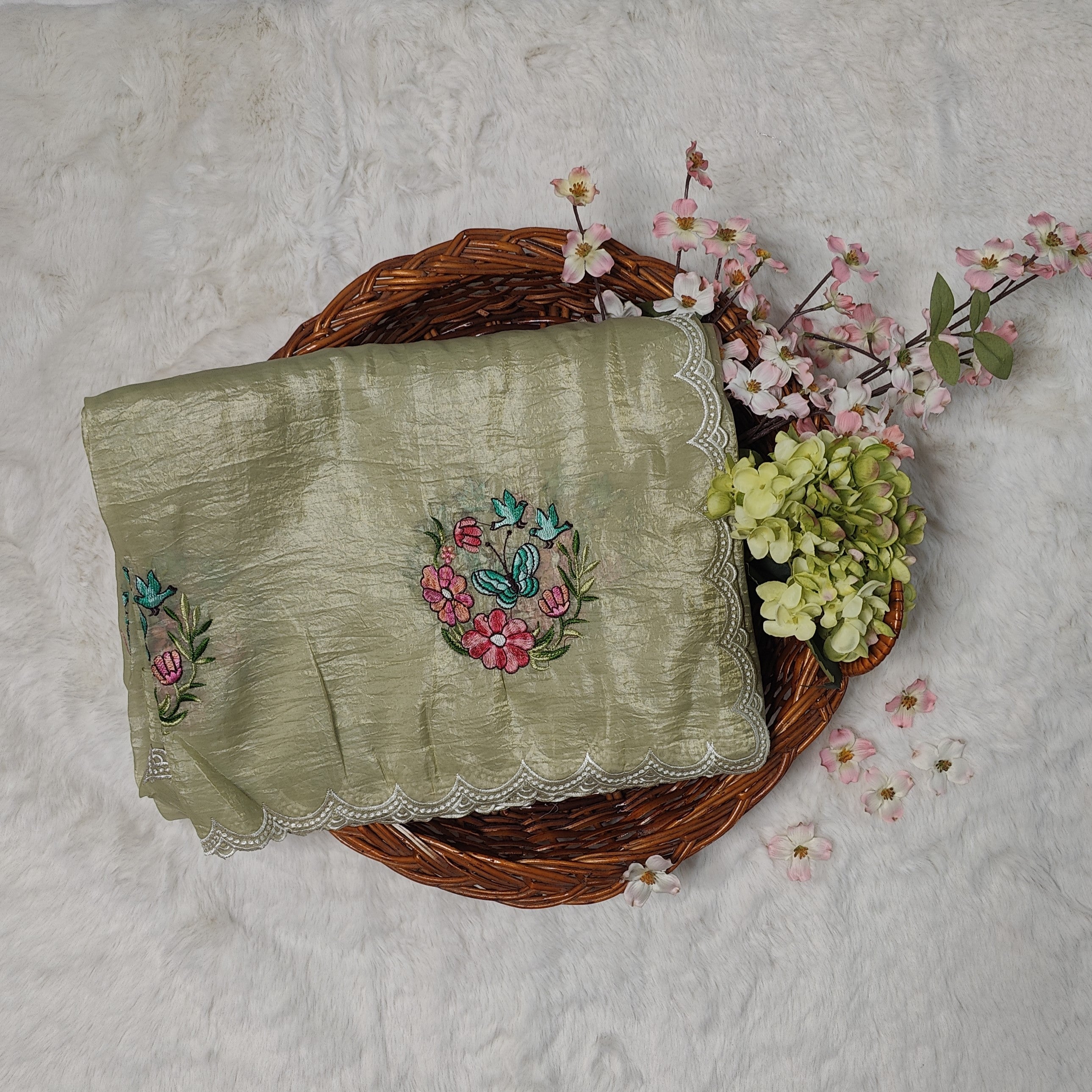 Green Butterfly Embroidered Crush Textured Silk Saree