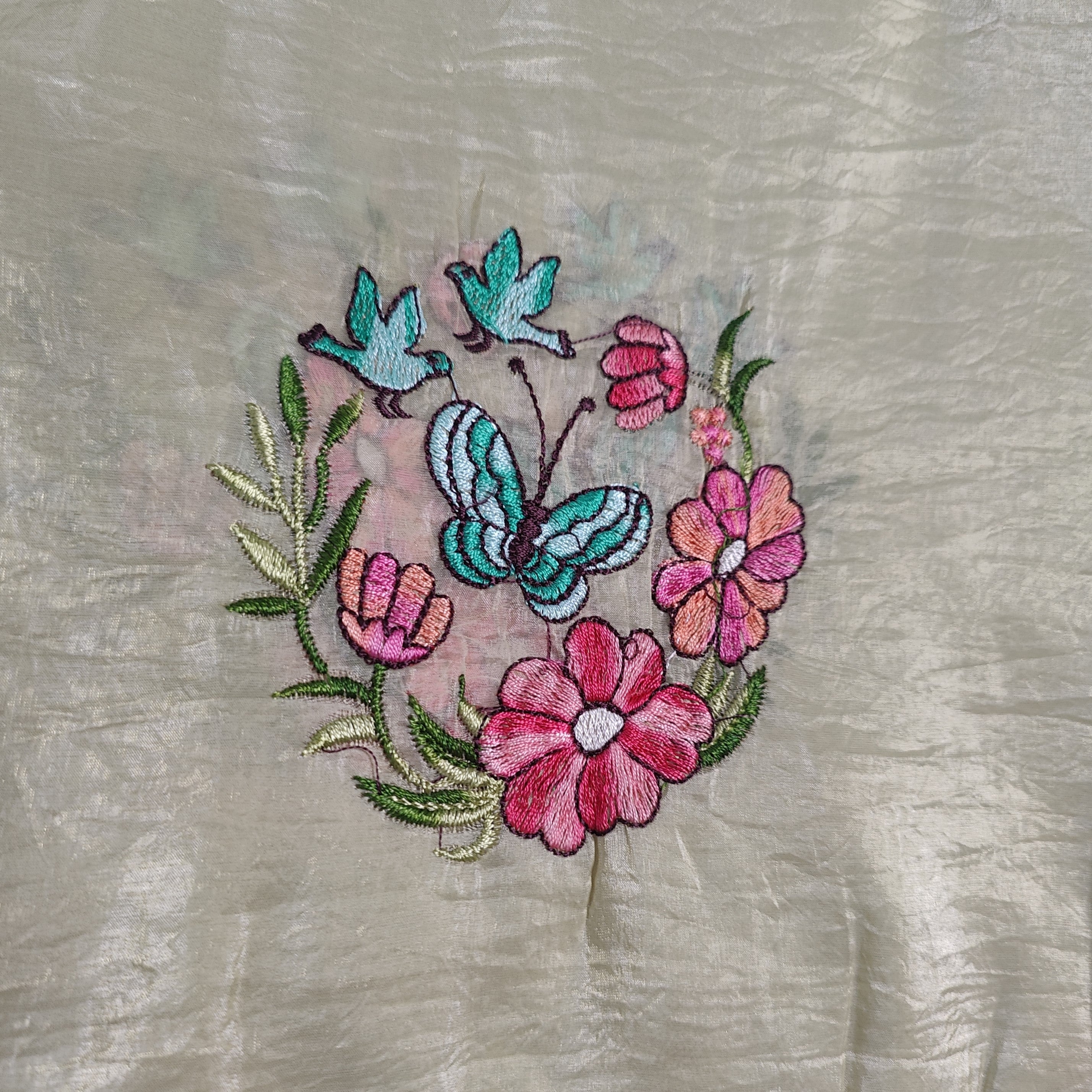 Green Butterfly Embroidered Crush Textured Silk Saree