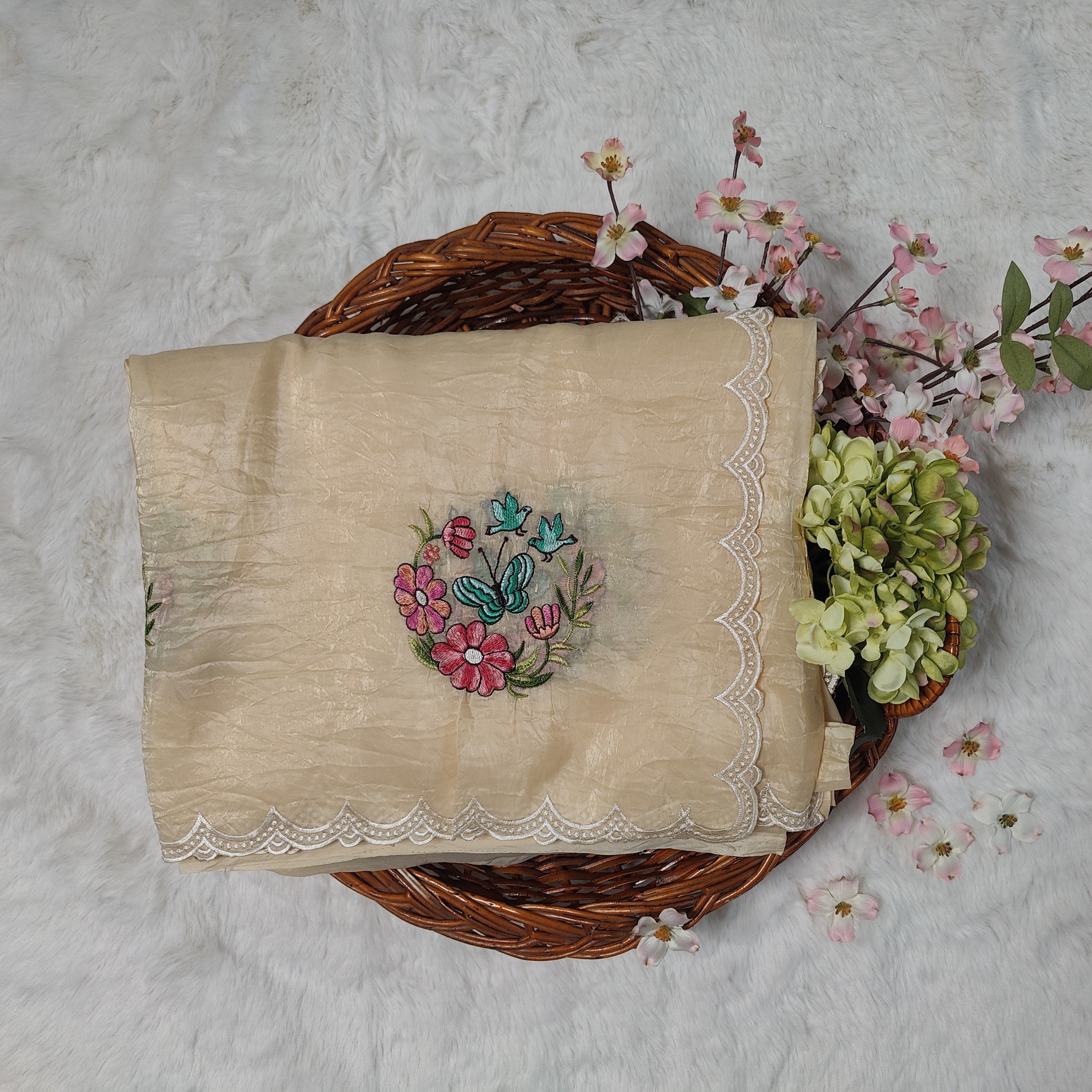 Butter Yellow Butterfly Embroidered Crush Textured Silk Saree