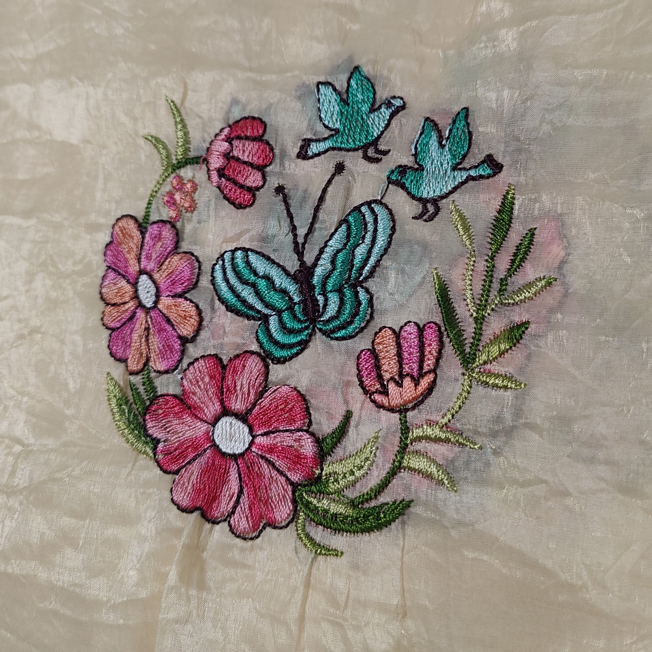 Butter Yellow Butterfly Embroidered Crush Textured Silk Saree