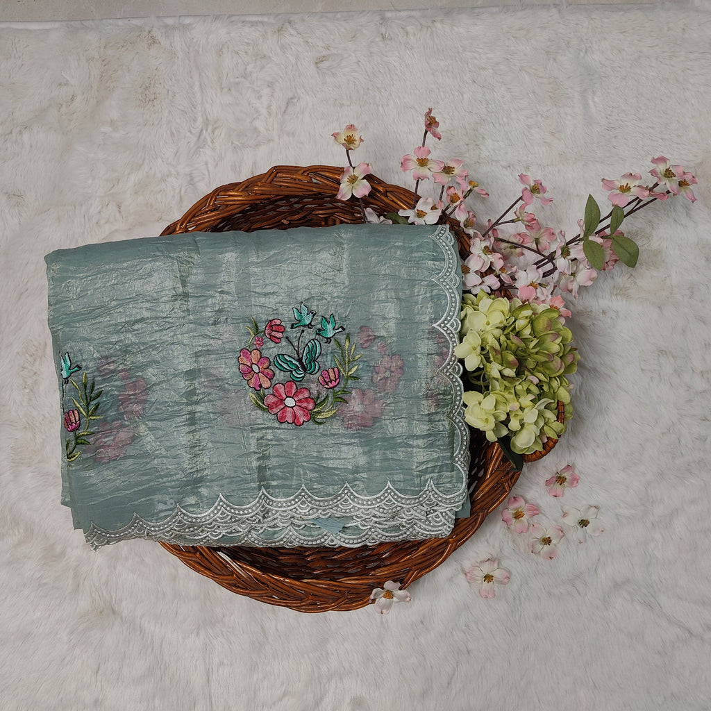 Blue Butterfly Embroidered Crush Textured Silk Saree