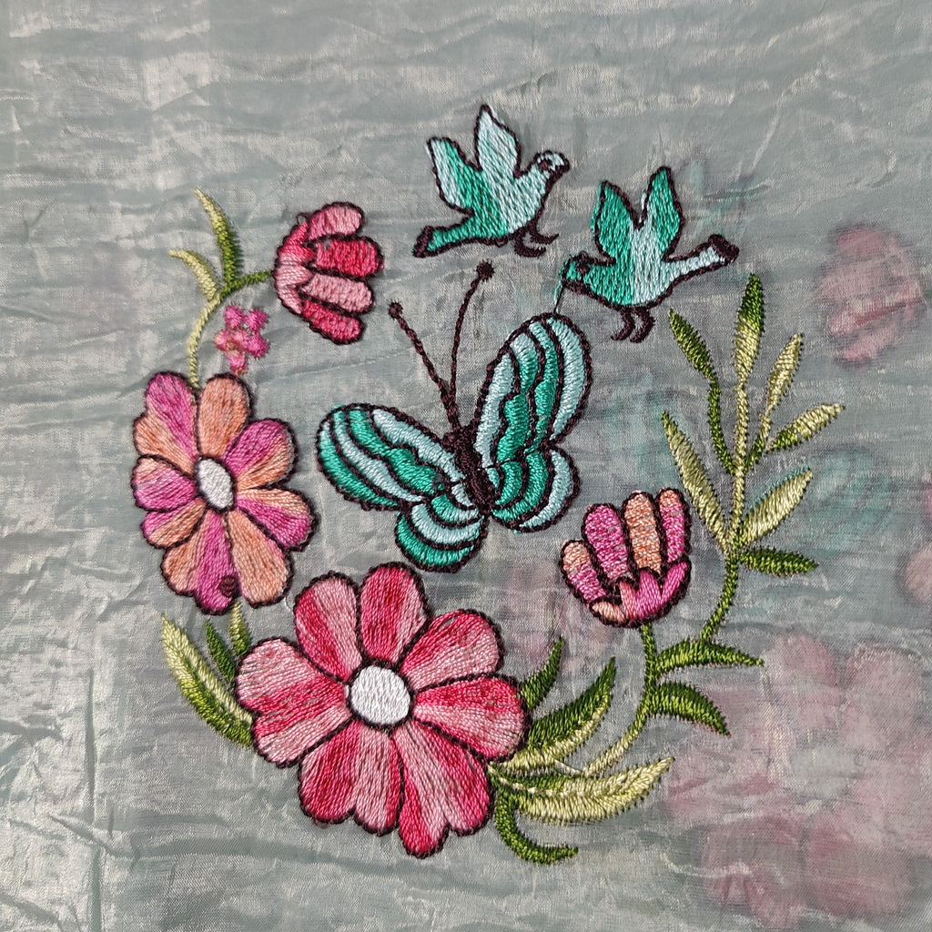 Blue Butterfly Embroidered Crush Textured Silk Saree