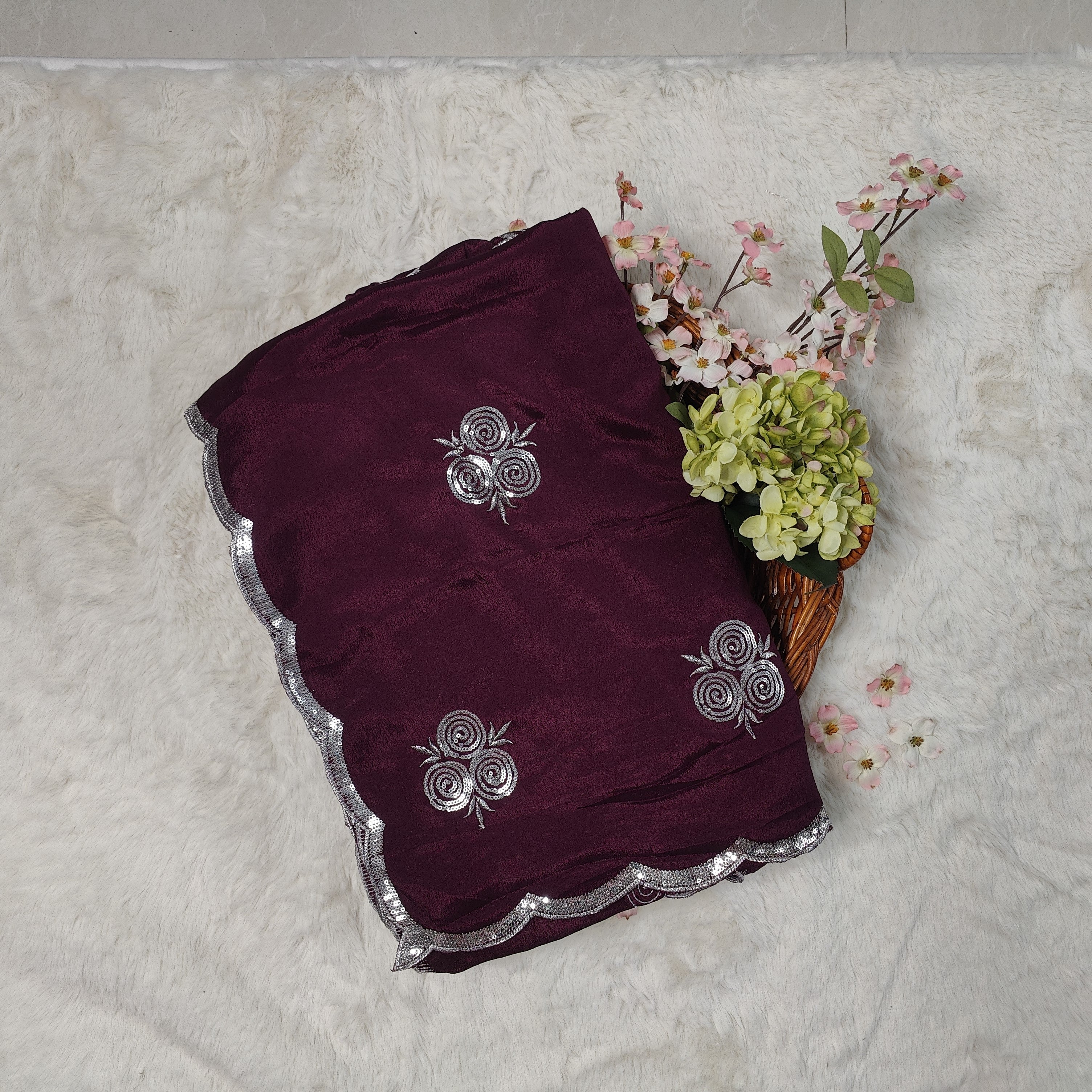 Wine Purple Sequence Roses Pure Chinnon Silk Saree