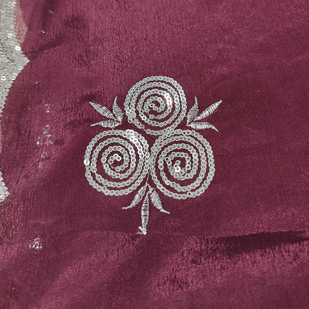 Wine Purple Sequence Roses Pure Chinnon Silk Saree