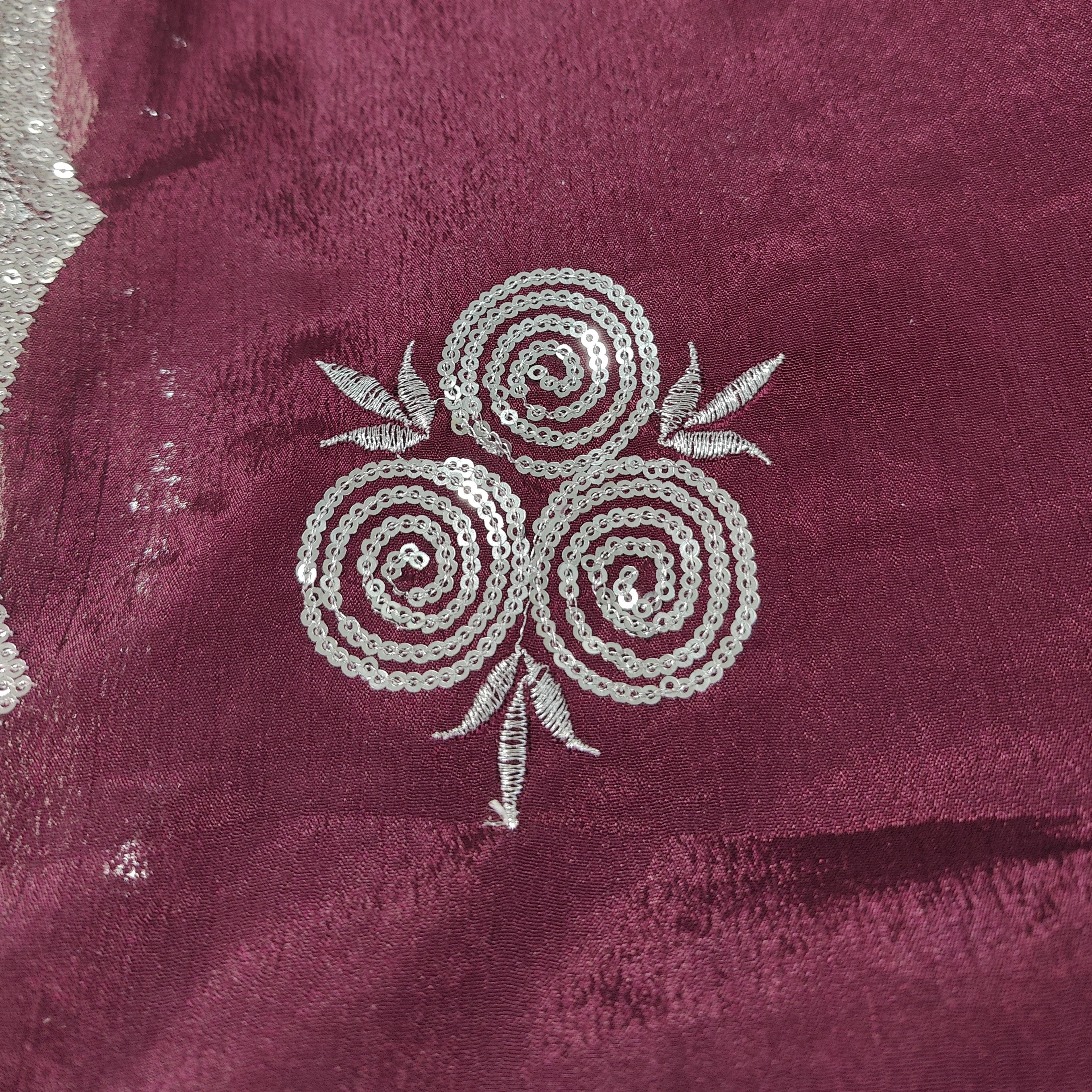 Wine Purple Sequence Roses Pure Chinnon Silk Saree