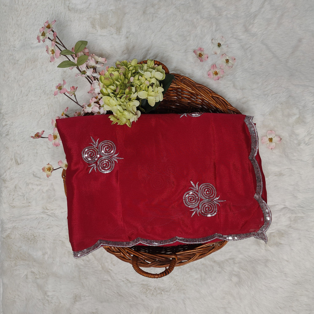 Red Sequence Roses Pure Chinnon Silk Saree