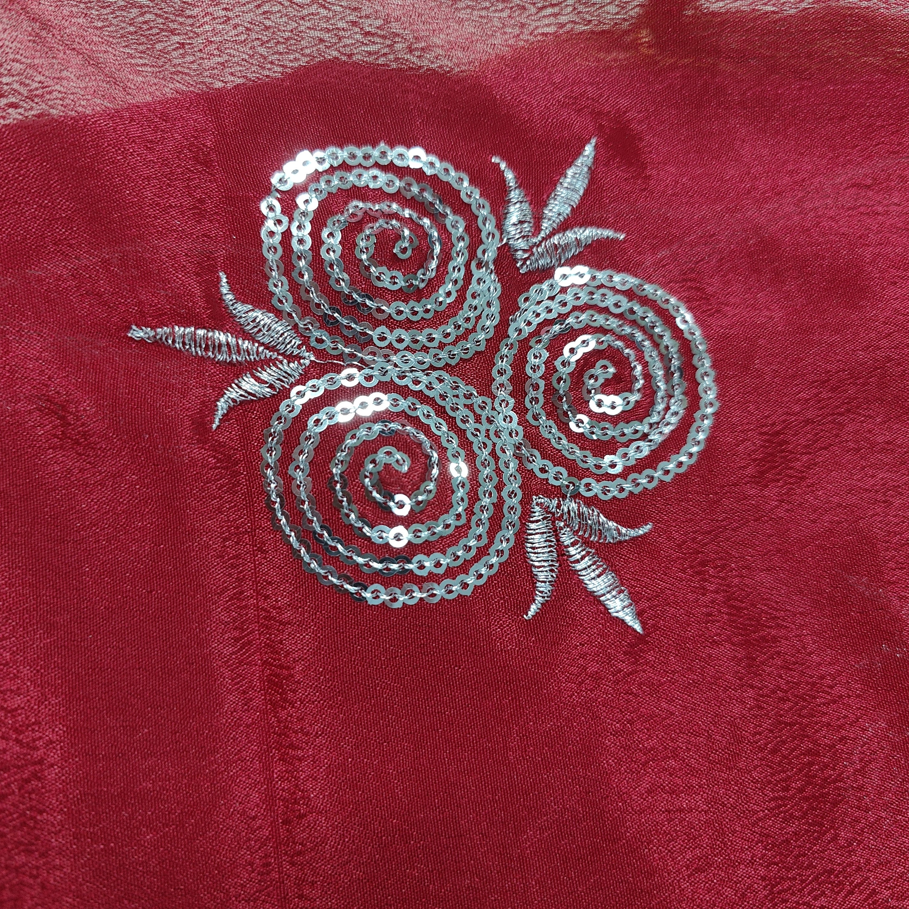 Red Sequence Roses Pure Chinnon Silk Saree
