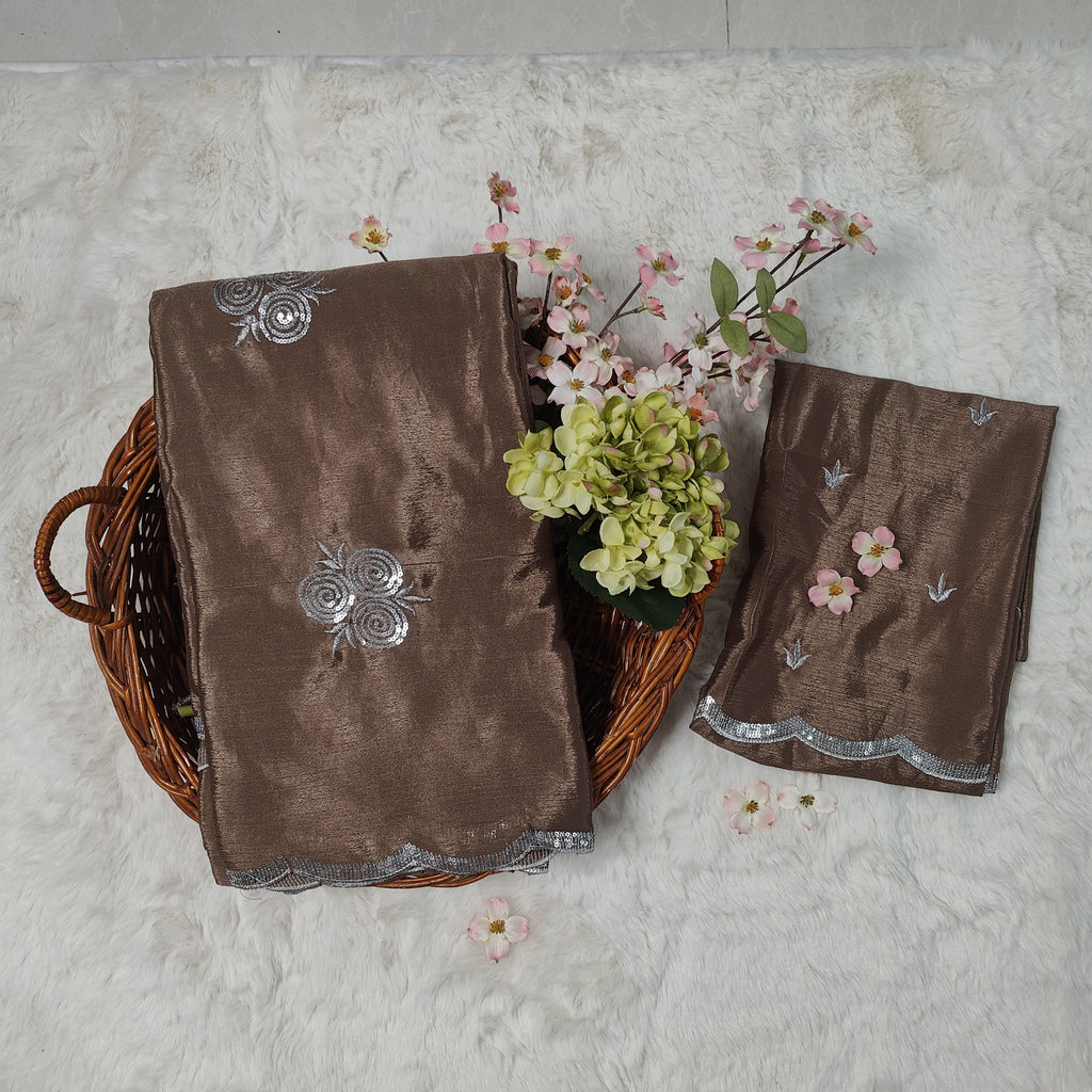 Golden Brown Sequence Roses Pure Chinnon Silk Saree