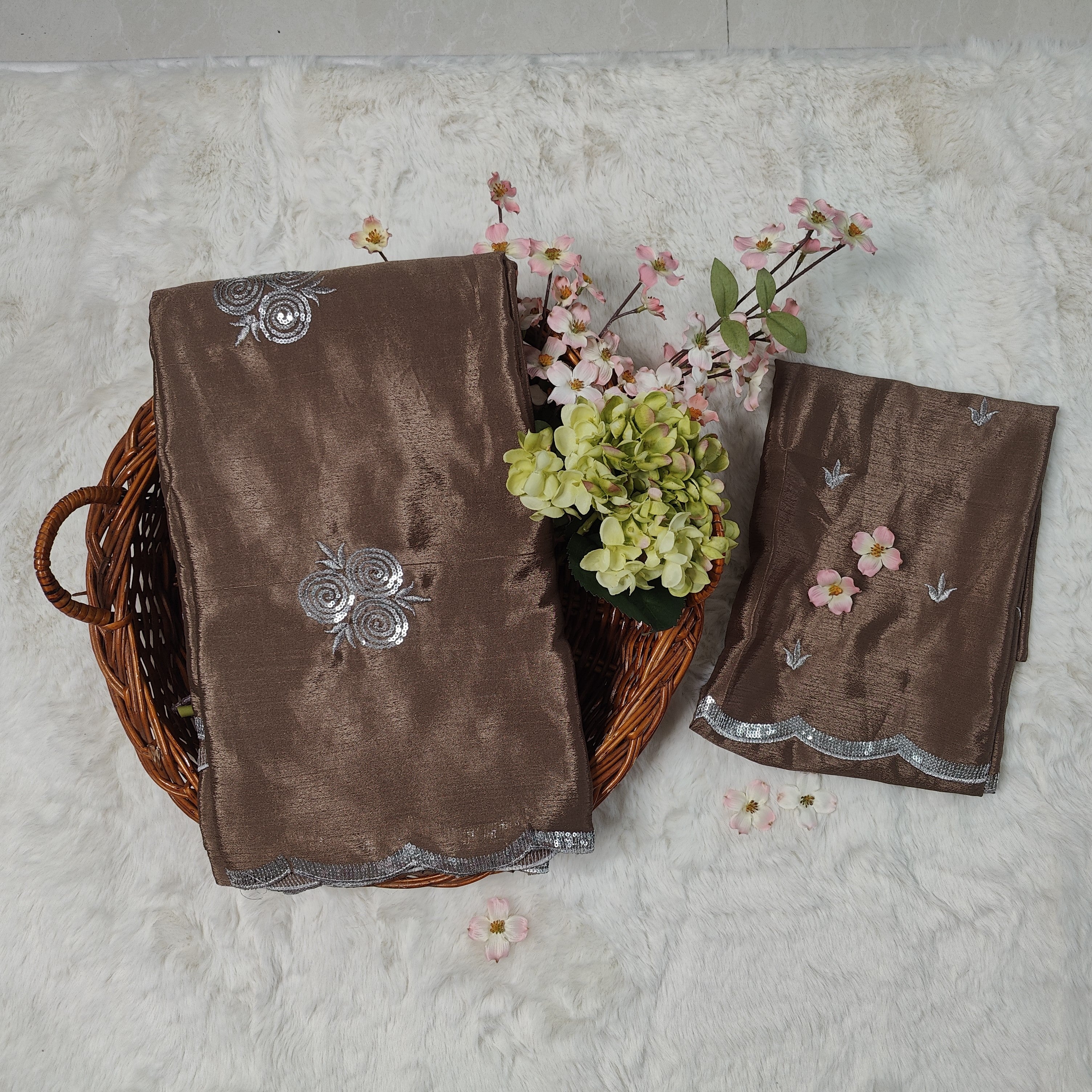 Golden Brown Sequence Roses Pure Chinnon Silk Saree